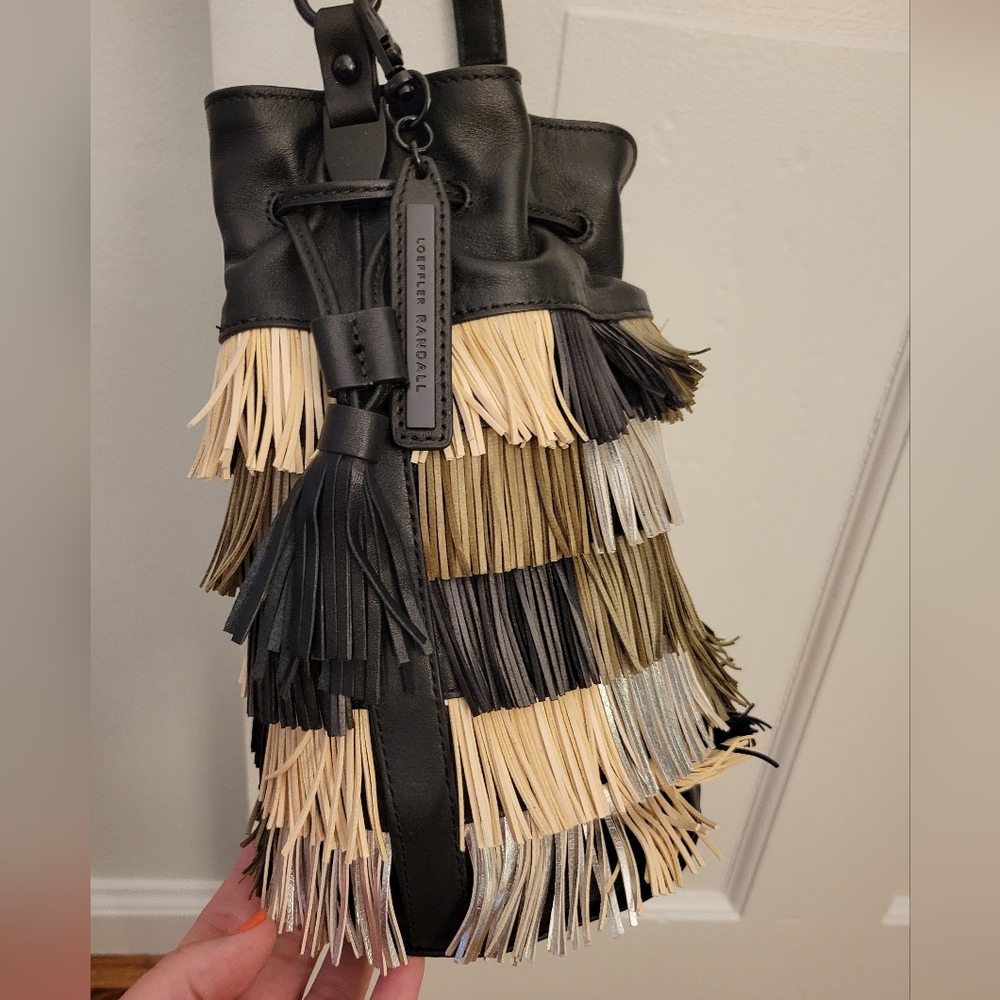 NWOT Loeffler Randall genuine leather fringe handbag purse. Black tan metallic - Picture 3 of 16